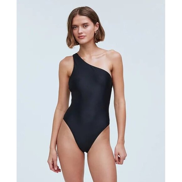 Madewell One-Shoulder One-Piece Swimsuit black minimalist modest sz XS - Picture 1 of 6